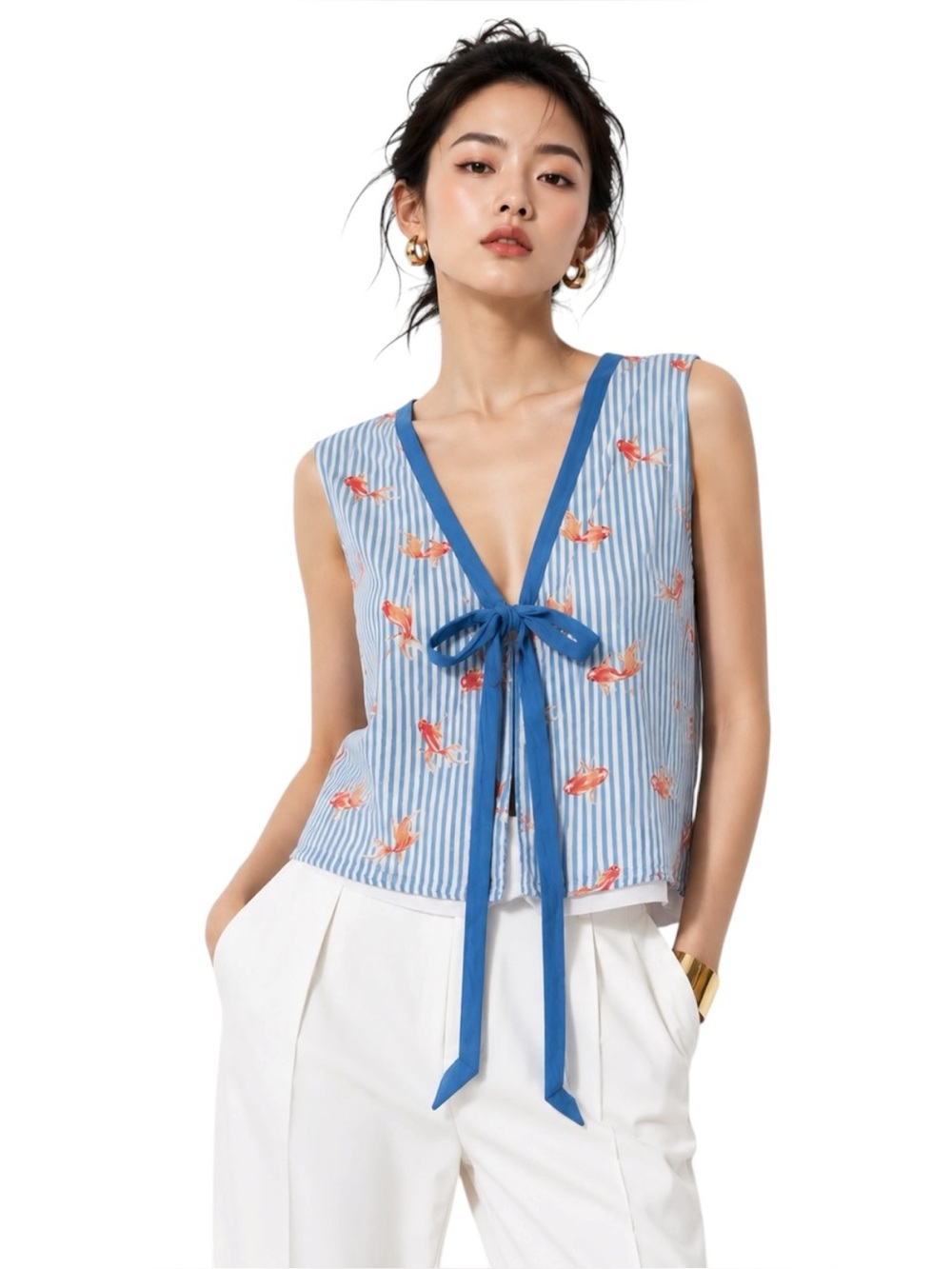 Lyla Askew Koi Fish Print Tie Front Sleeveless Blouse Blue Stripe Top